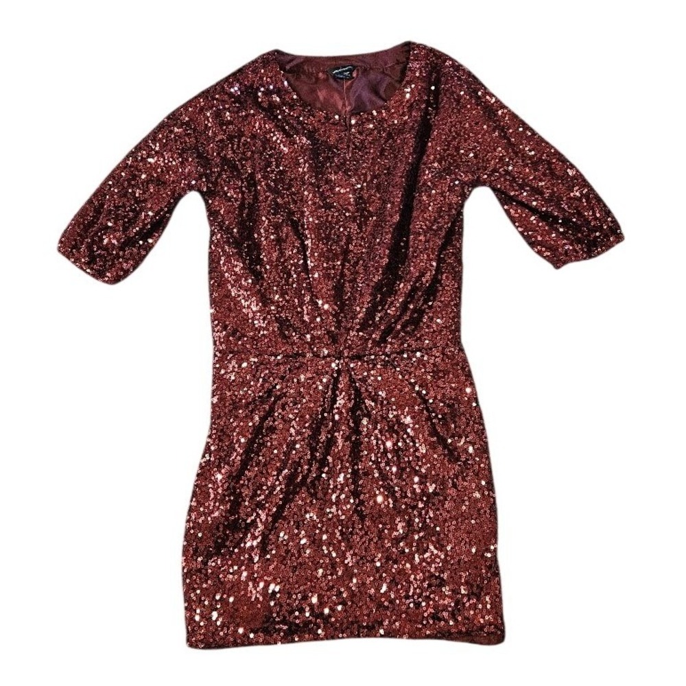 Moda International Burgundy Sequin Mini Dress XS Three Quarter Sleeve Festive